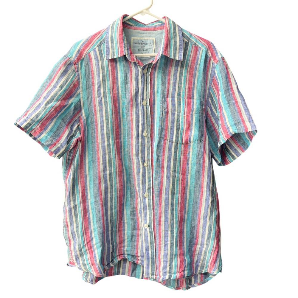Blue Harbour M&S Button‎ Down Shirt Mens Size M Pink Blue Striped Pure Linen SS
